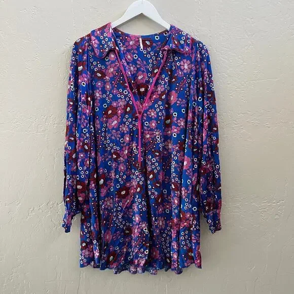 NEW $148 Free People Blue Floral Long Sleeve Boho Mini Dress - Picture 7 of 9